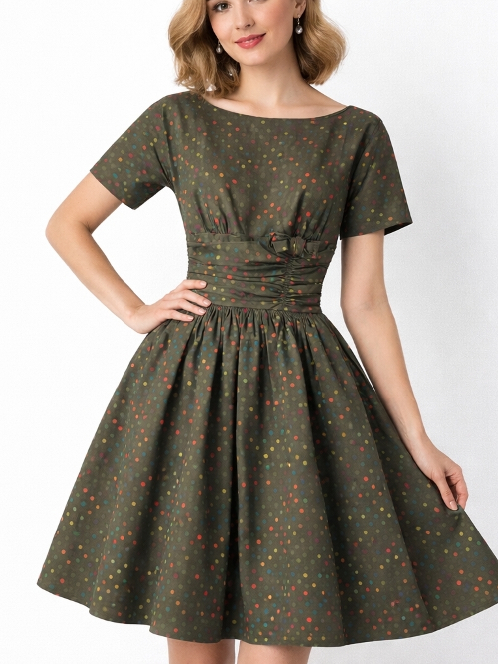 1960s Vintage 32" Bust Cotton Fit & Flare Olive Green Polkadot Bow Dress #16